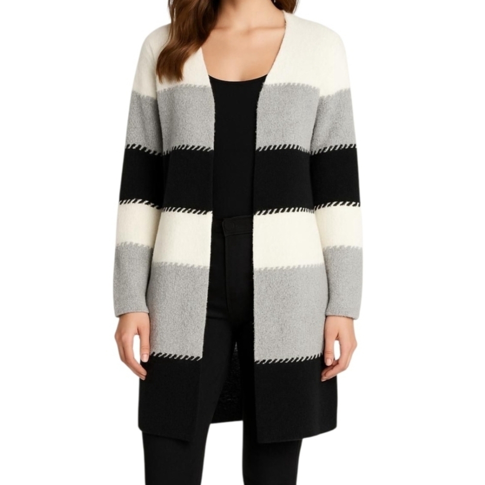 Fortune + Ivy Women's Black White Gray Color Block Long Sleeve Cardigan Size XS